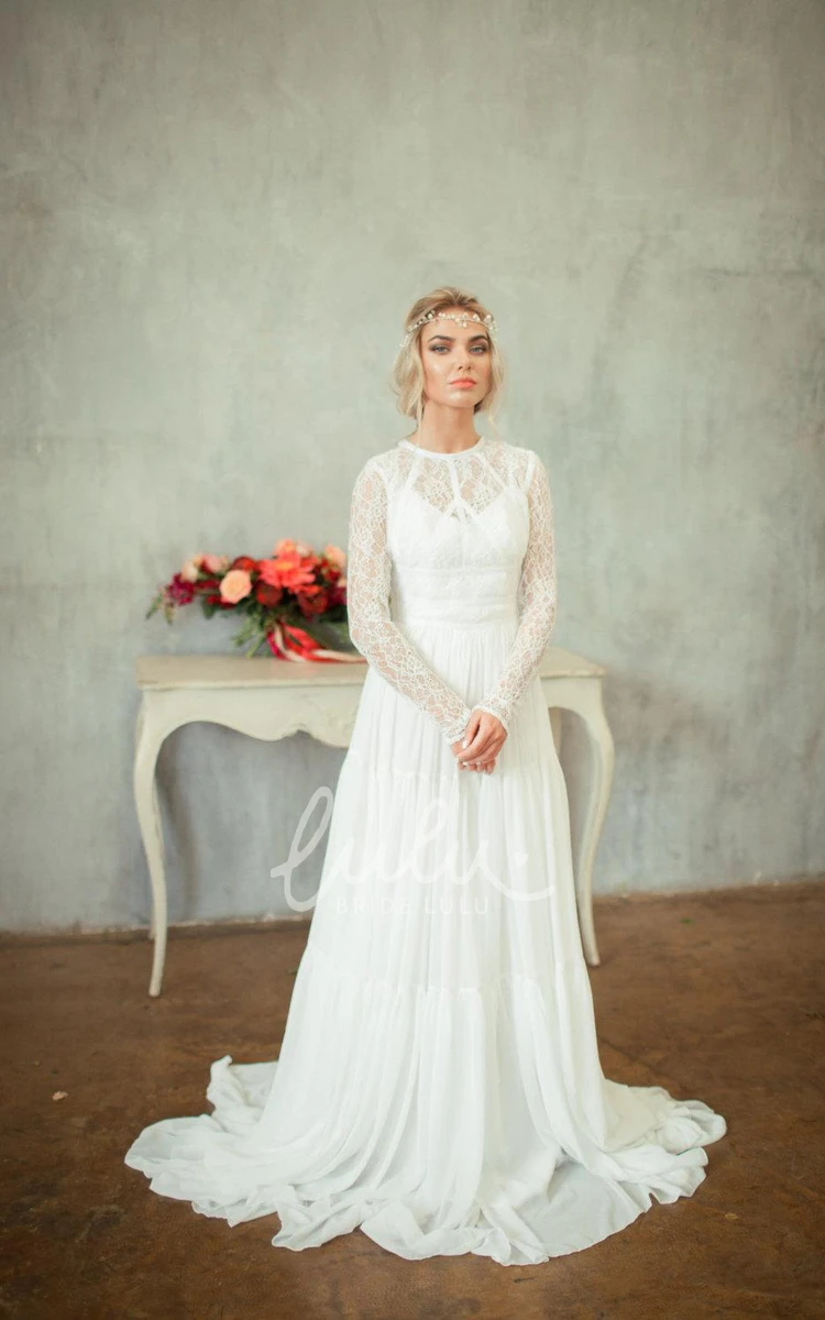 Lace Bodice Chiffon A-Line Wedding Dress with Long Sleeves