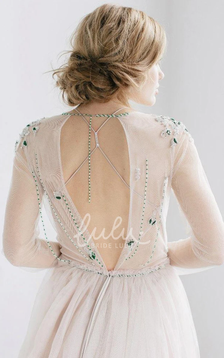 A-Line Tulle Dress with Half Sleeves Beading and Keyhole Back