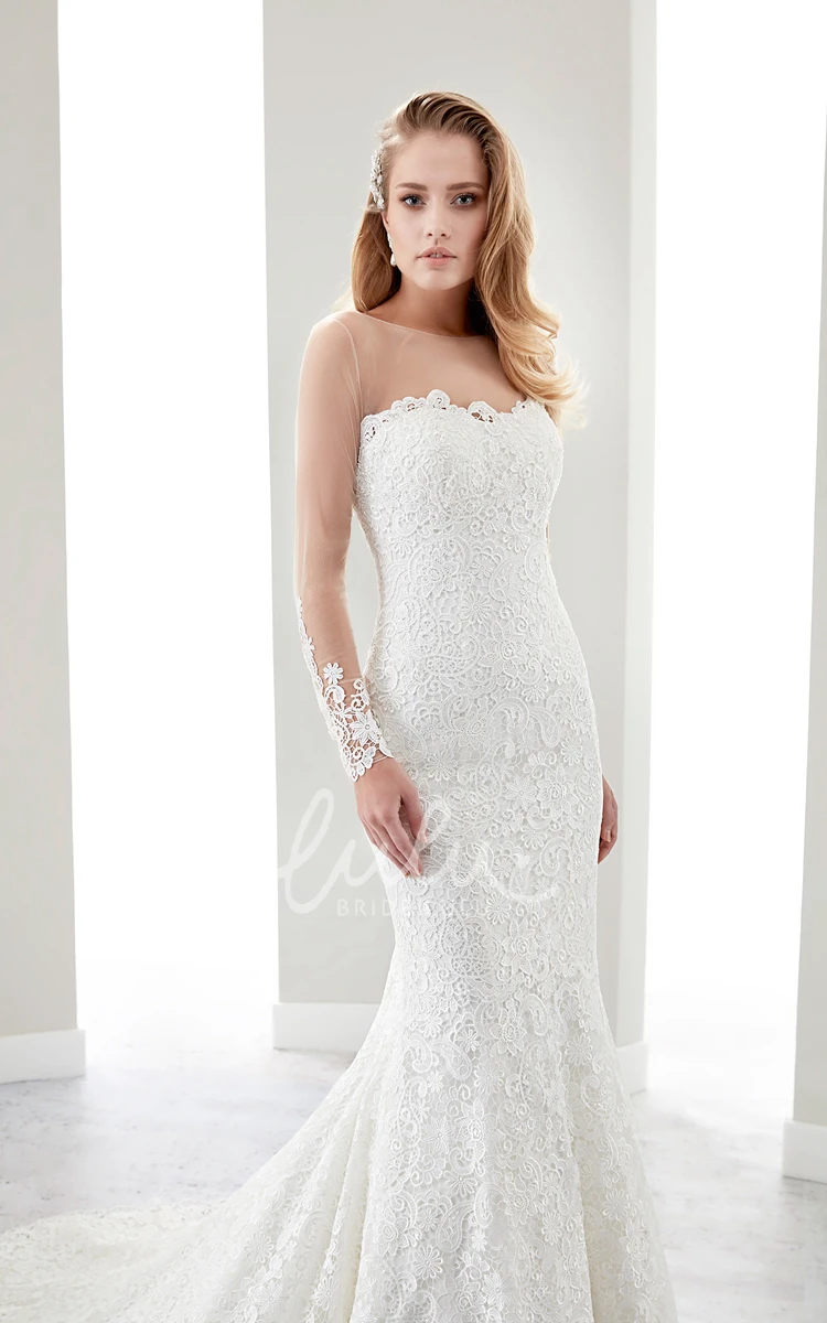 Sheath Mermaid Lace Wedding Dress with Brush-Train and Keyhole Back in Strapless Design