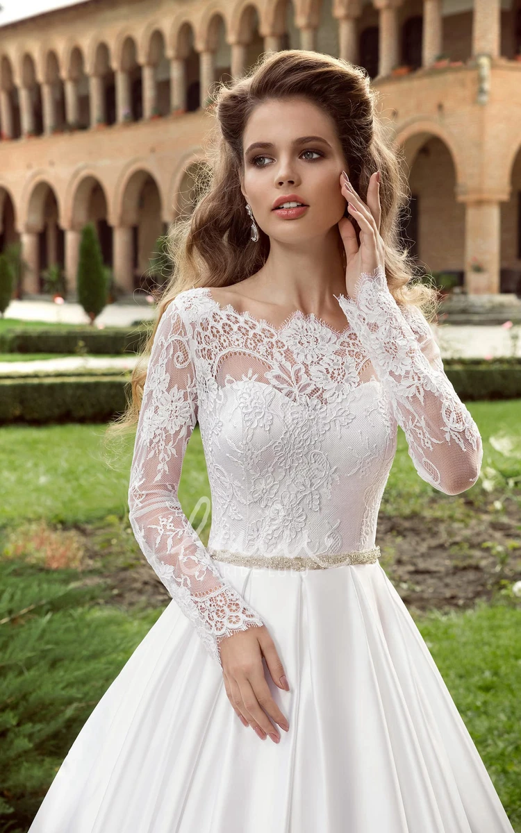 Long Sleeve Satin Wedding Dress with Crystal Detailing and V-Back