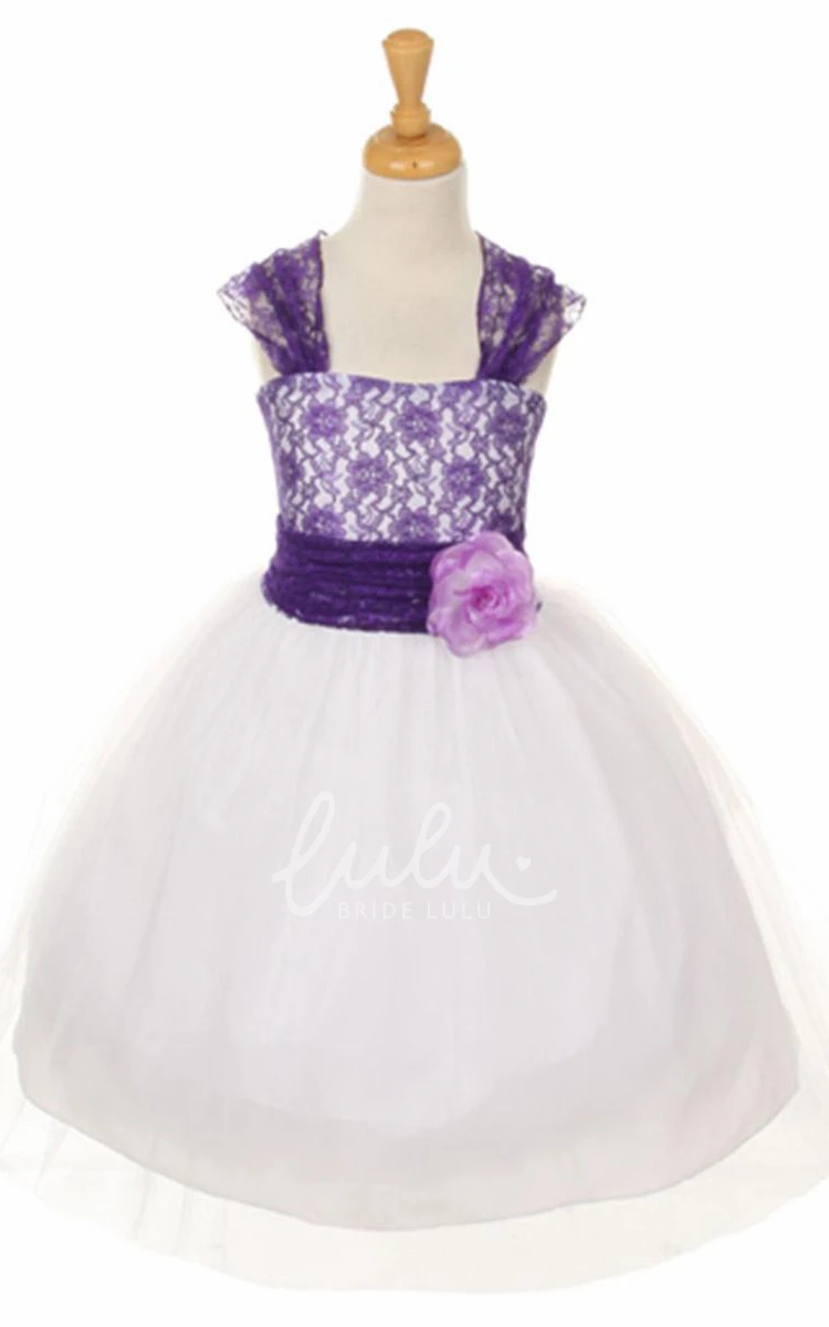 Tulle and Lace Flower Girl Dress with Criss-Cross Straps Tea-Length Floral