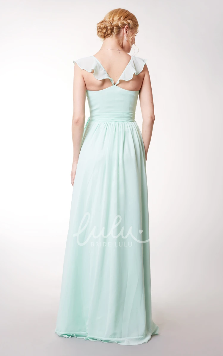 Asymmetric Ruffled Chiffon Bridesmaid Dress with Cap Sleeves and Sash