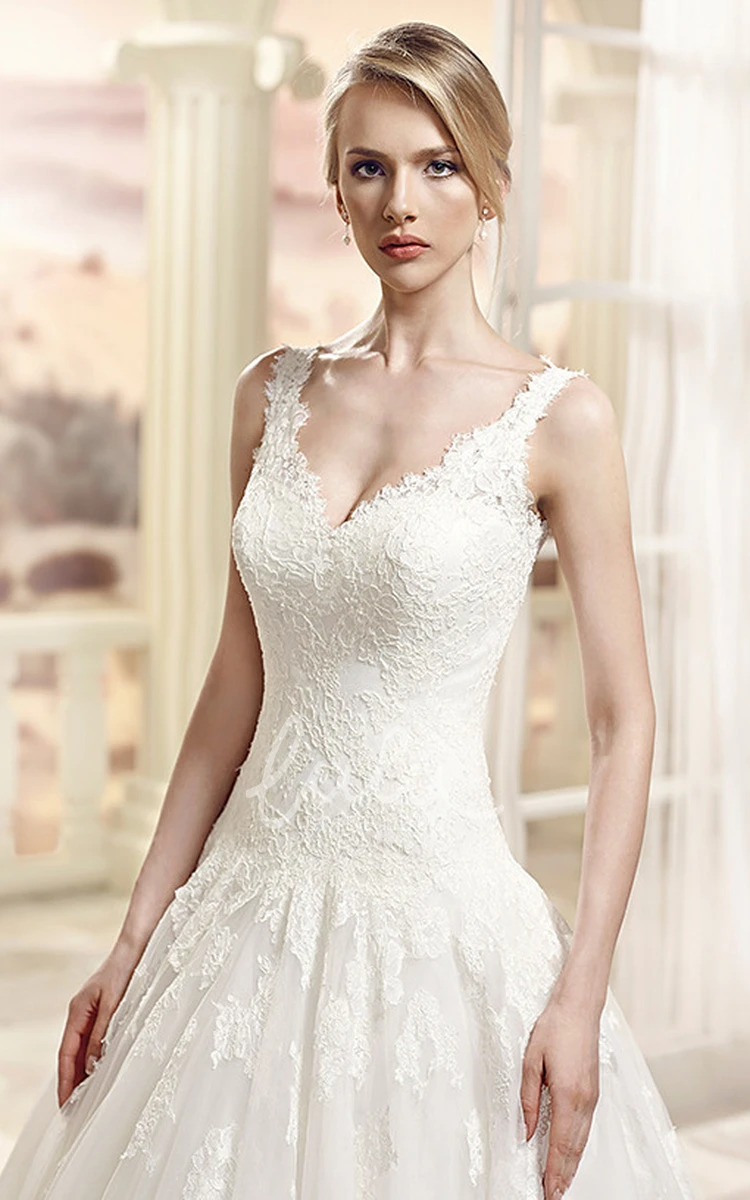 Sleeveless V-Neck Appliqued Tulle Ball Gown Wedding Dress with Long Train