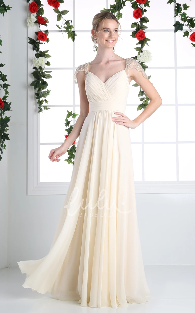 V-Neck Cap-Sleeve A-Line Chiffon Formal Dress with Beading