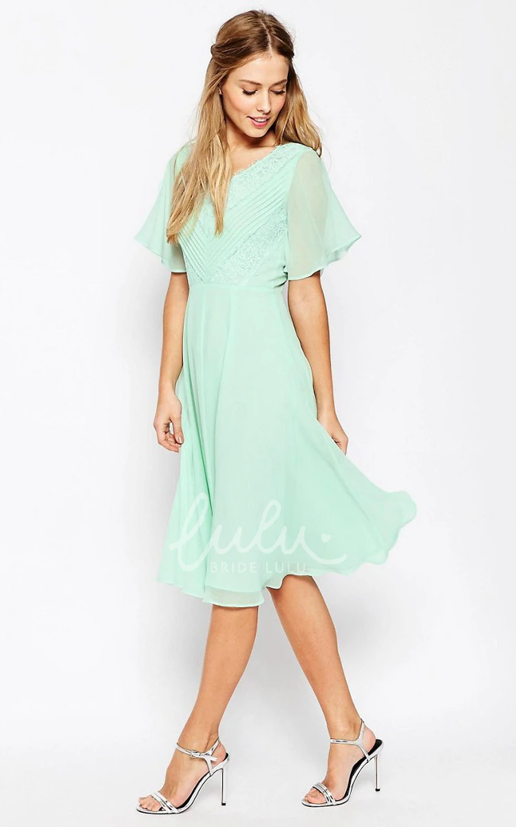 Poet Sleeve V-Neck Chiffon Bridesmaid Dress With Lace Knee-Length Ruched