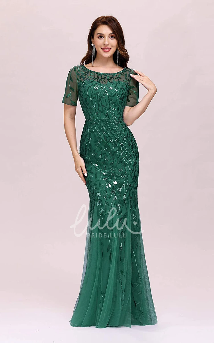 Sequin Trumpet Illusion Prom Dress with Short Sleeves and Pleats