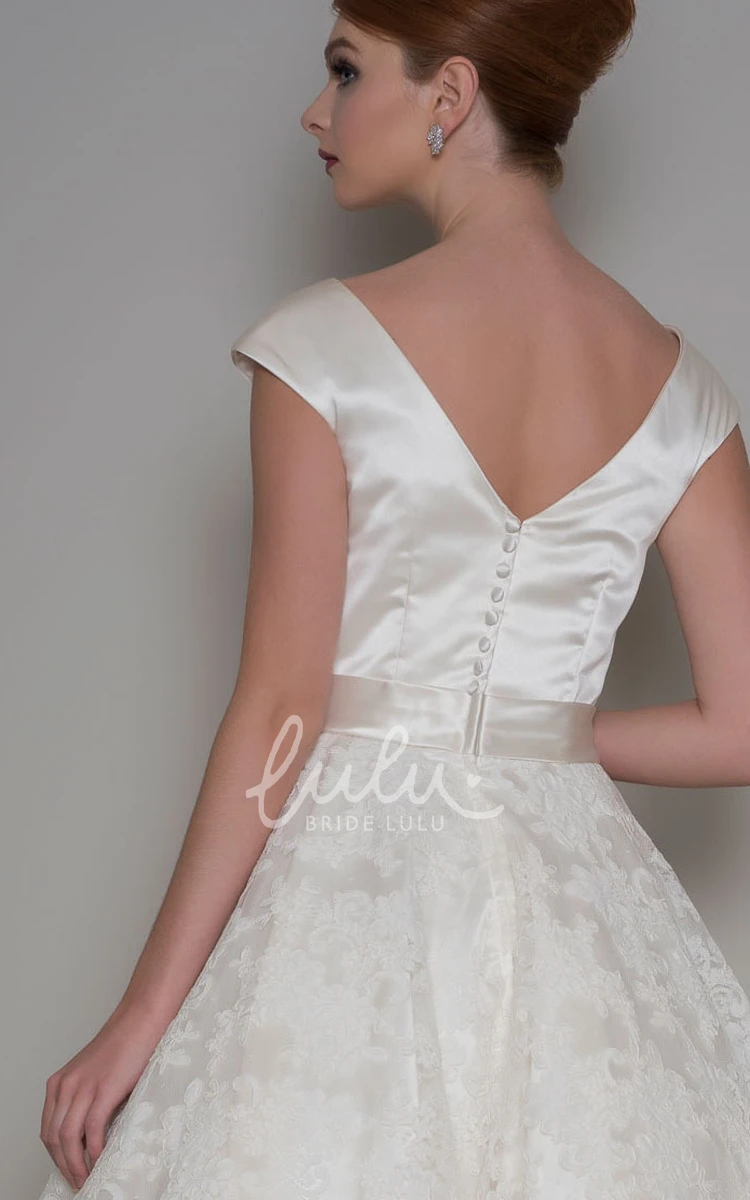 Appliqued Cap Sleeve Scoop Neck A-Line Tea-Length Wedding Dress