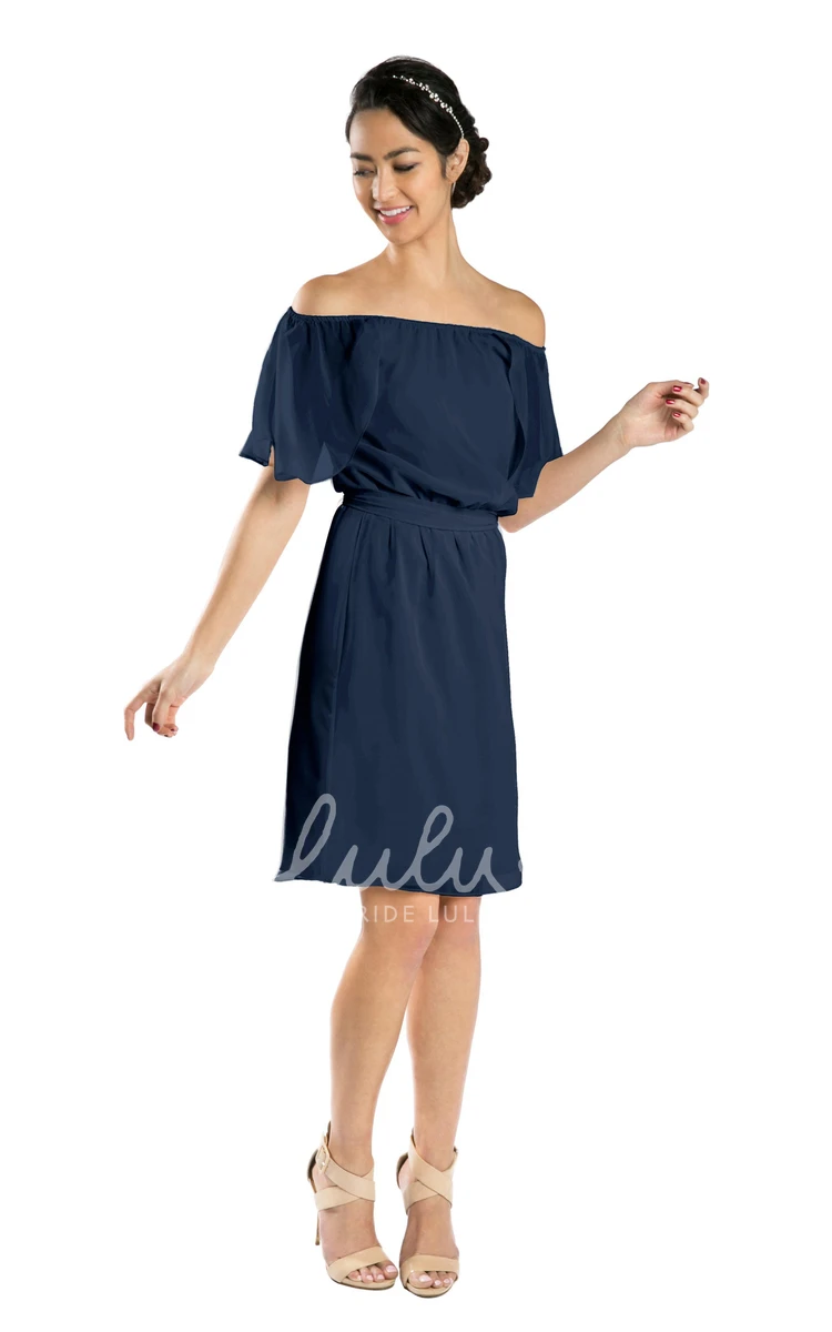 Off-The-Shoulder Knee-Length Chiffon Bridesmaid Dress in Multi-Color Short Sleeves and Bow Detail