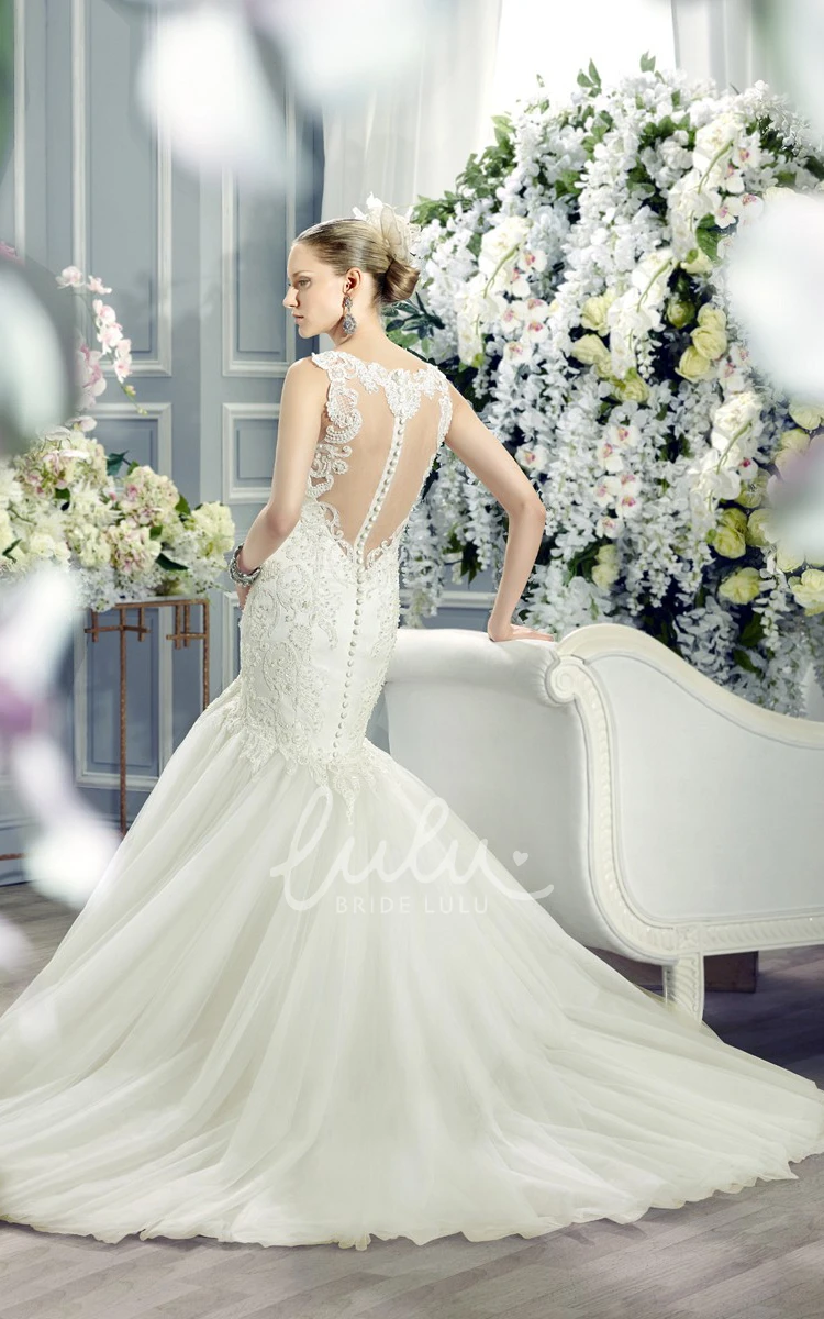 Mermaid V-Neck Lace&Tulle Wedding Dress with Appliques and Illusion Back