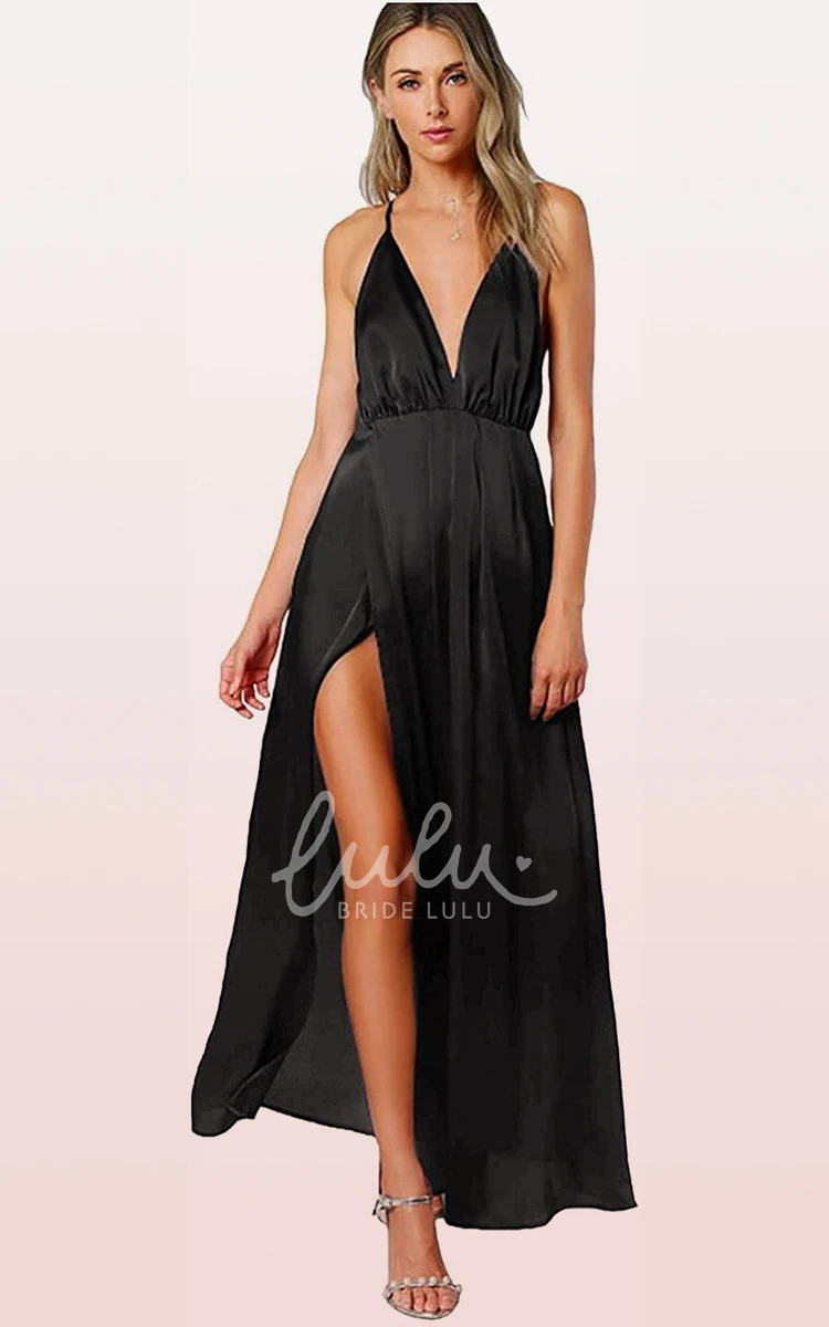 Sleeveless Tulle Split Front Casual Formal Dress with Ruffles and Tie Back