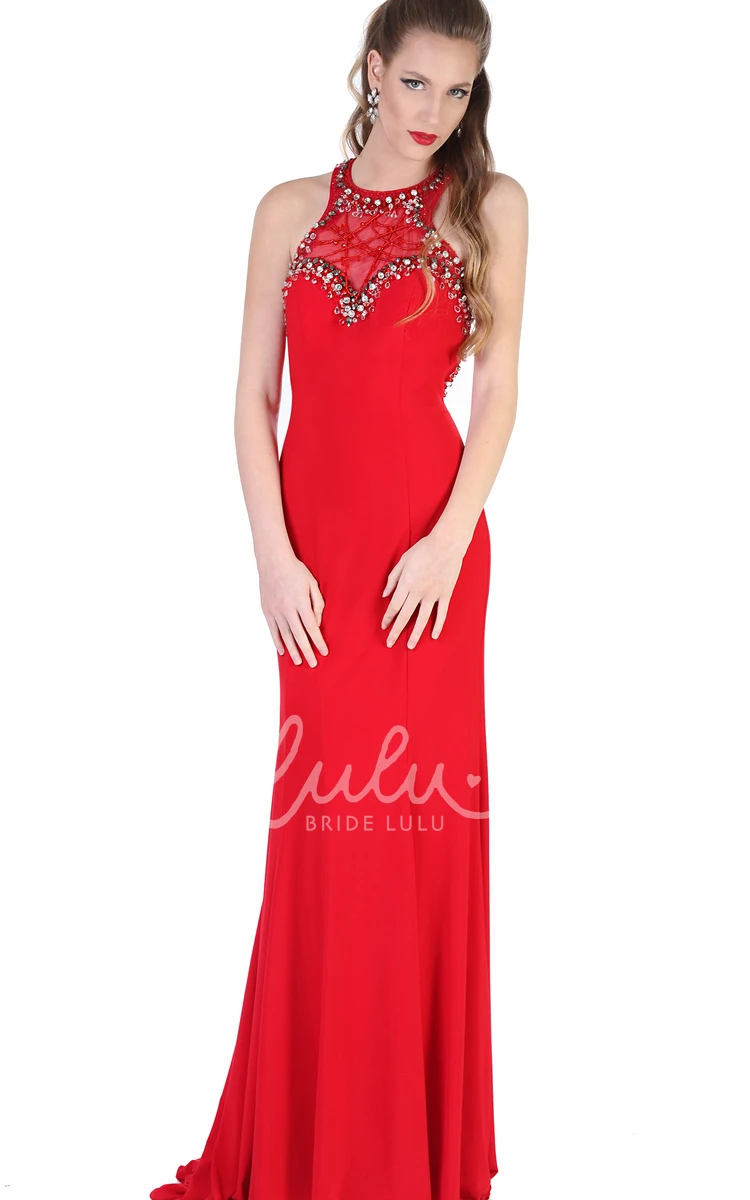 Sheath Beaded Sleeveless Jersey Evening Dress with Scoop-Neck Floor-Length