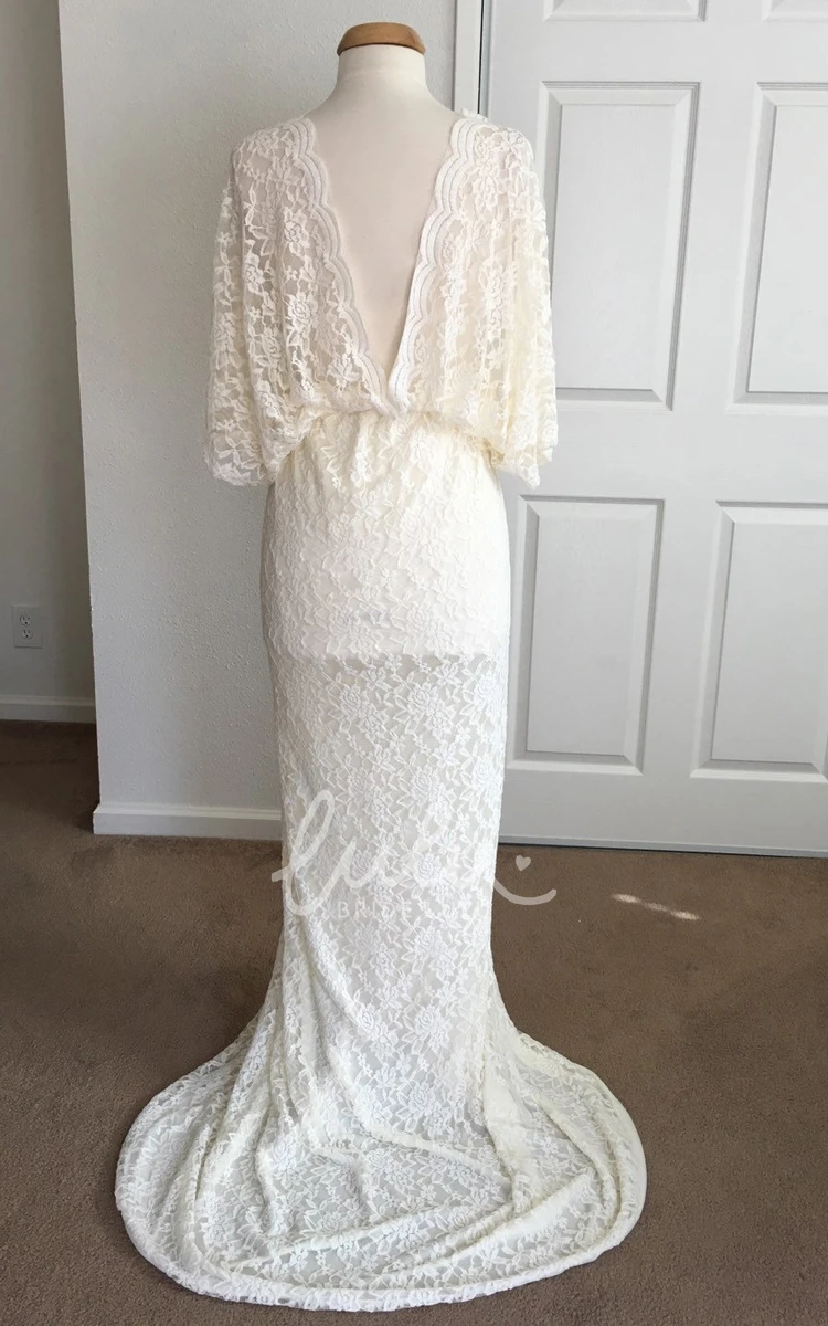 Lace Scalloped V-neck Short Sleeve Maternity Wedding Dress A-line Split Front