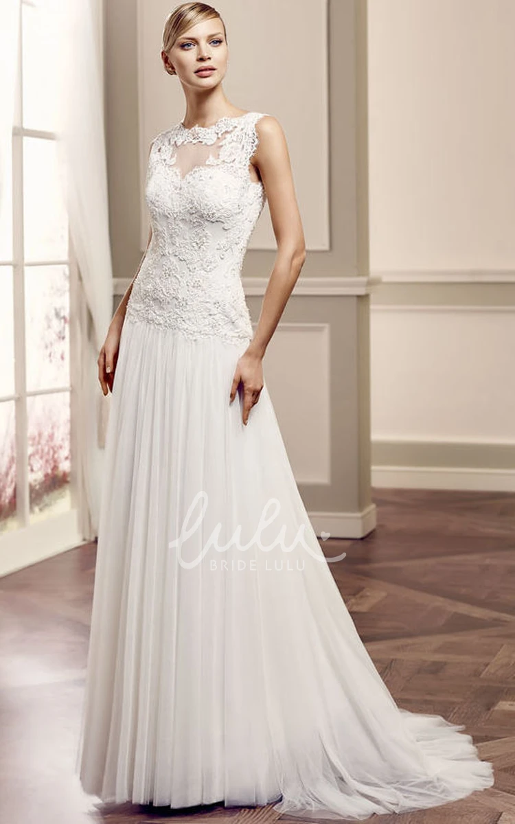 Sleeveless Sheath Tulle&Lace Wedding Dress with Brush Train