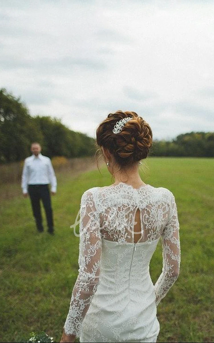 Sheath Lace Wedding Dress with Illusion Sleeves and Keyhole Back