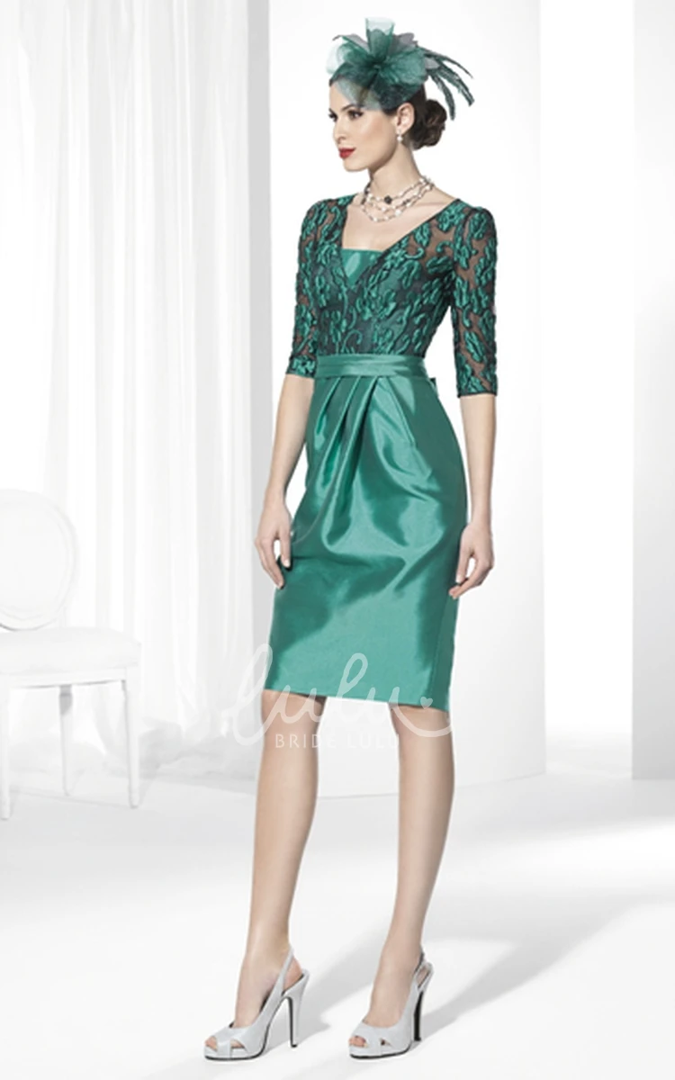 Knee-Length Bow-Embellished Half-Sleeve Satin Prom Dress