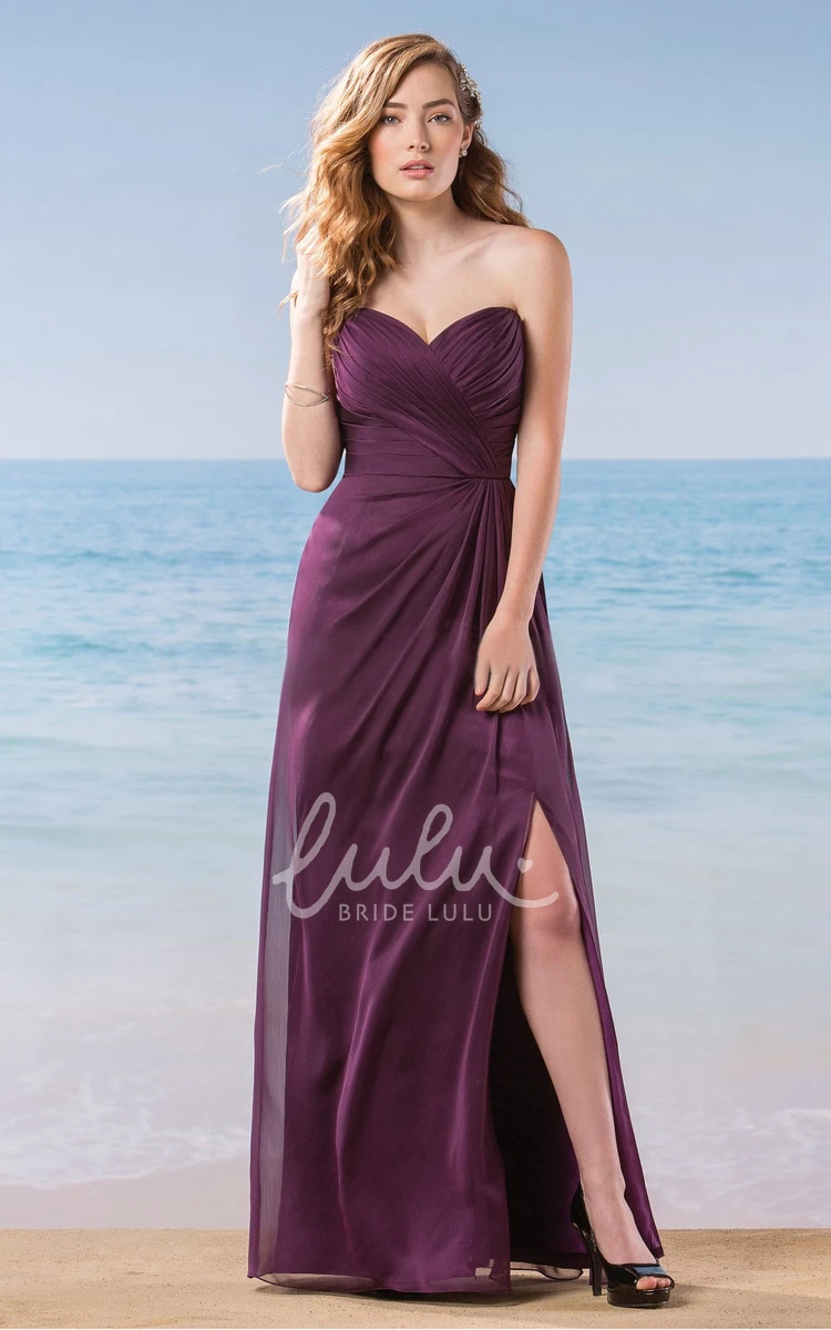 Ruched A-Line Bridesmaid Dress with Front Slit Sweetheart Floor-Length Sleeveless