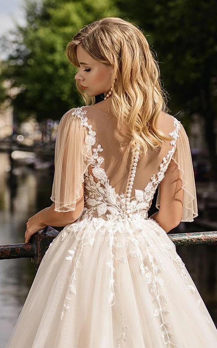 Beautiful Lace Tulle Ball Gown Wedding Dress with V-Neckline and Court Train