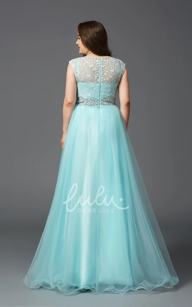 Illusion A-line Lace Formal Dress with Scoop Neckline and Jeweled Waist