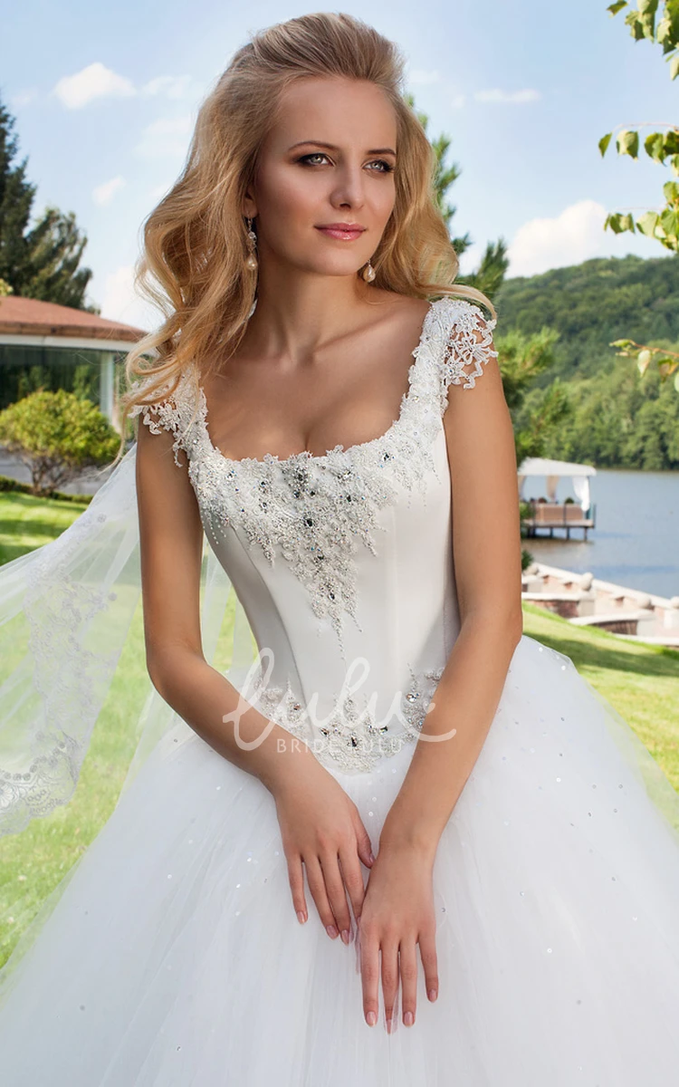 Beaded Cap-Sleeve Tulle Wedding Dress with Corset Back Square Neckline Bridal Gown