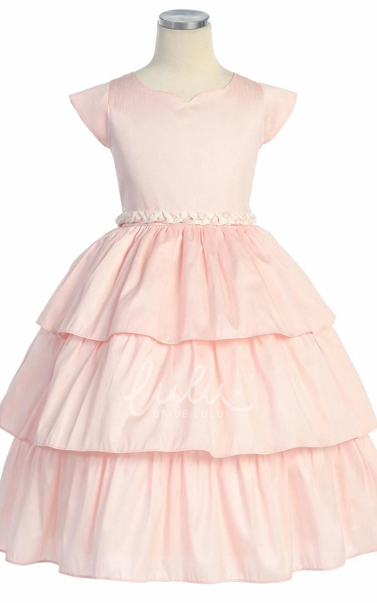 Cap-Sleeve Tea-Length Bow Accent Flower Girl Dress