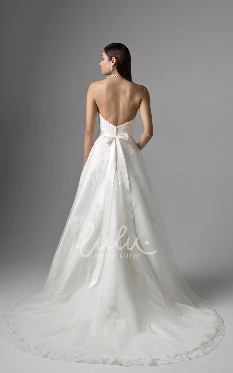 Long Lace Wedding Dress with Appliques and Deep-V Back A-Line Bridal Gown