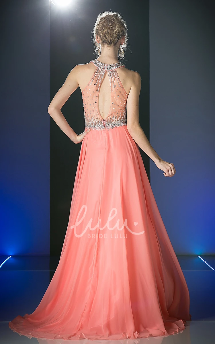 Illusion Chiffon Prom Dress with Beading and Pleats A-Line or Unique