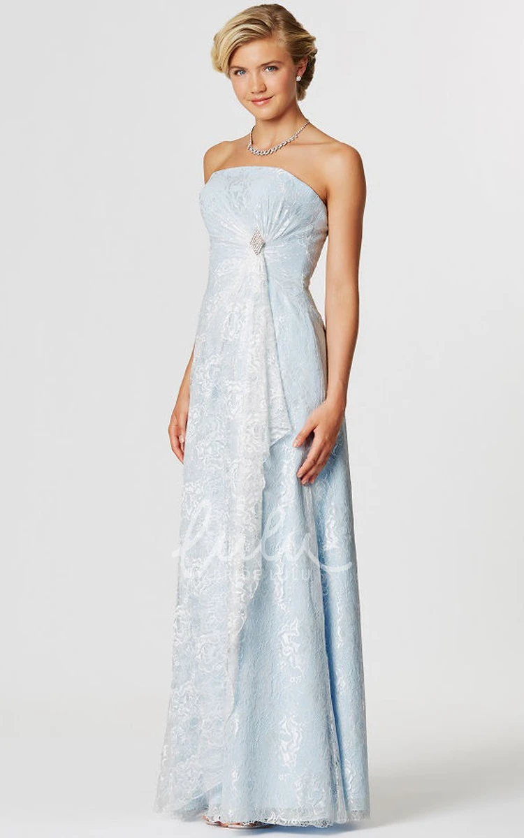 Appliqued Lace Strapless Bridesmaid Dress with Draping and Broach Modern Dress