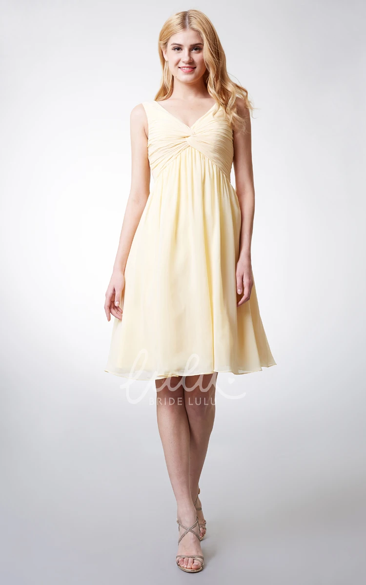 Empire V-Neckline Knee-length Chiffon Dress with Pleats Casual and Beachy