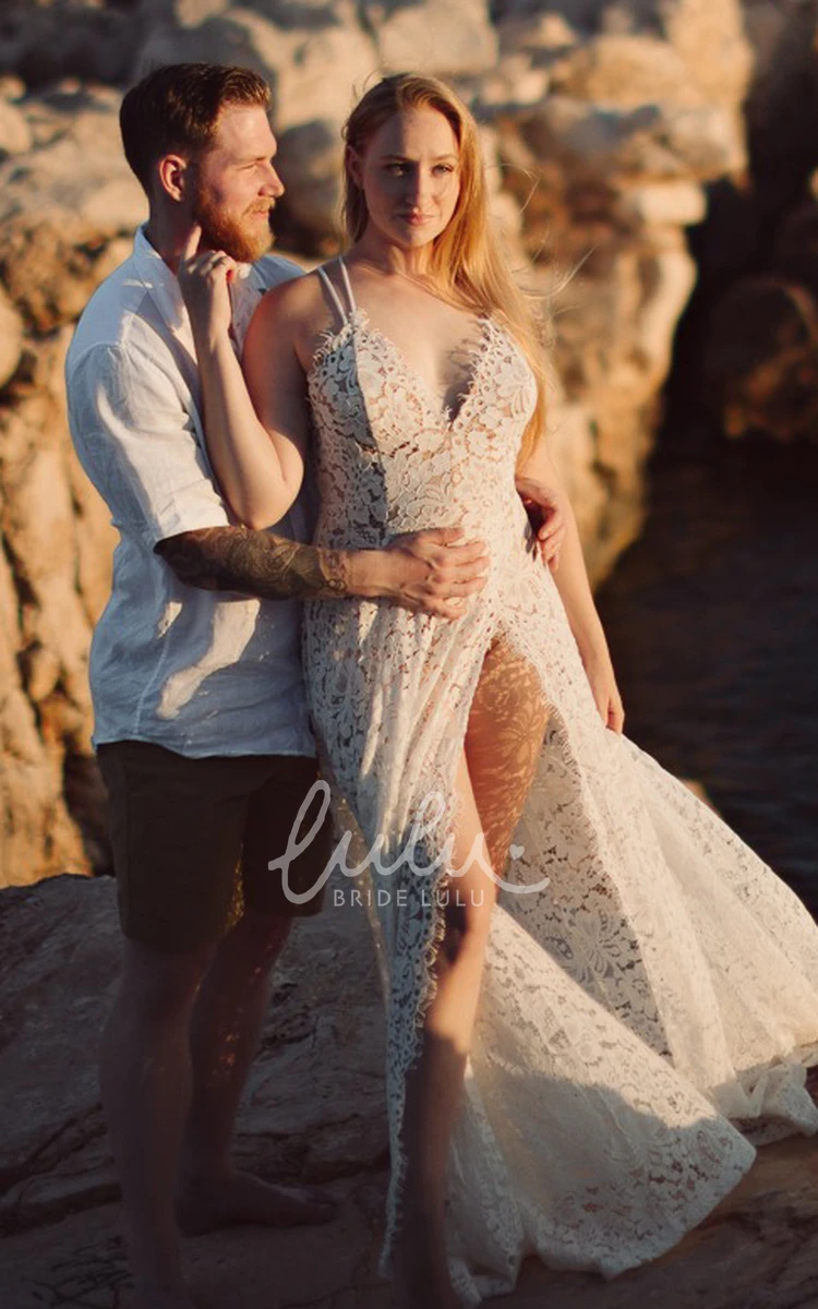 Casual Beach Garden Spaghetti V-neck Lace A-line Wedding Dress with Split Front Boho Wedding Dress