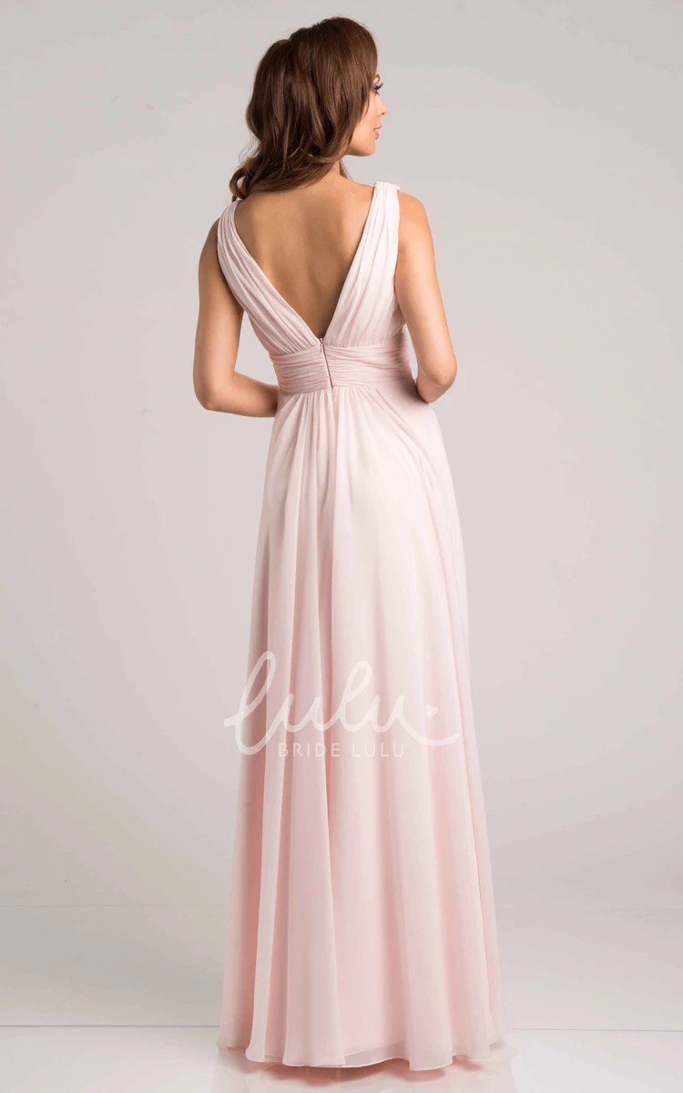 Chiffon V-Neck Sleeveless Dress with Flowers and V-Back for Bridesmaids