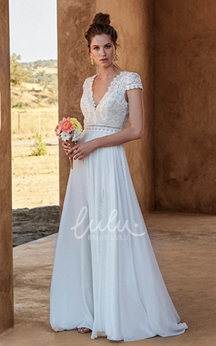 Ethereal Lace Chiffon A-Line Wedding Dress with V-neck and Front Split