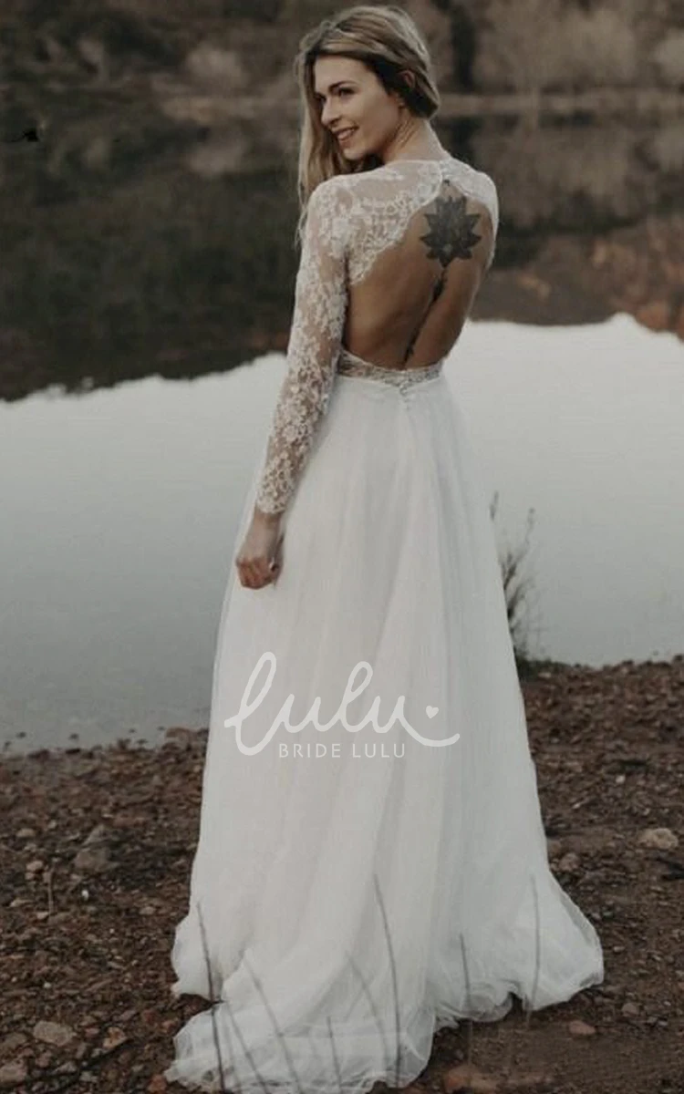 Elegant Lace and Tulle Wedding Dress with Long Sleeves and Keyhole