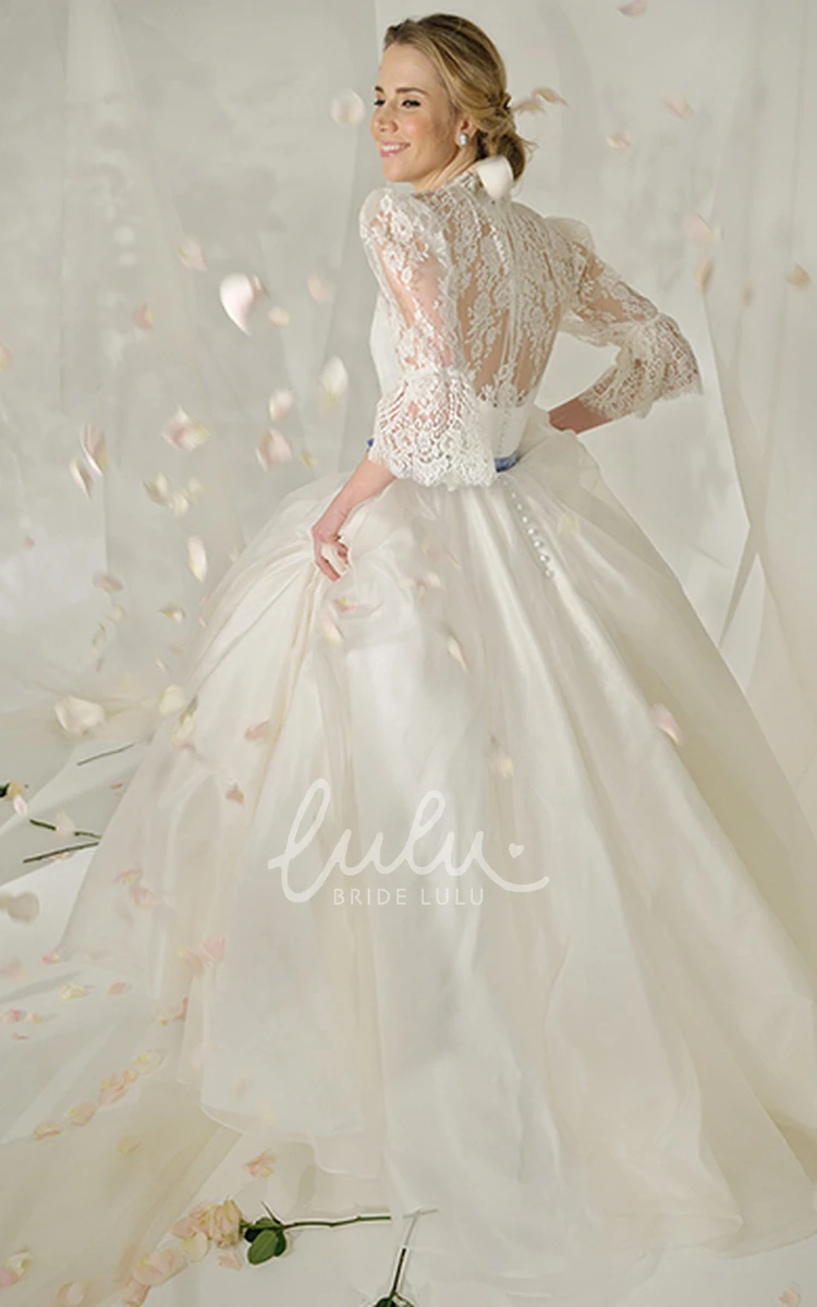 Maxi Satin Wedding Dress with Puff-Sleeves and Lace High Neckline