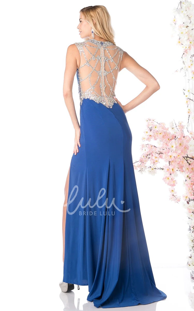 Jewel-Neck Jersey Illusion Prom Dress With Beading And Split Front Sheath