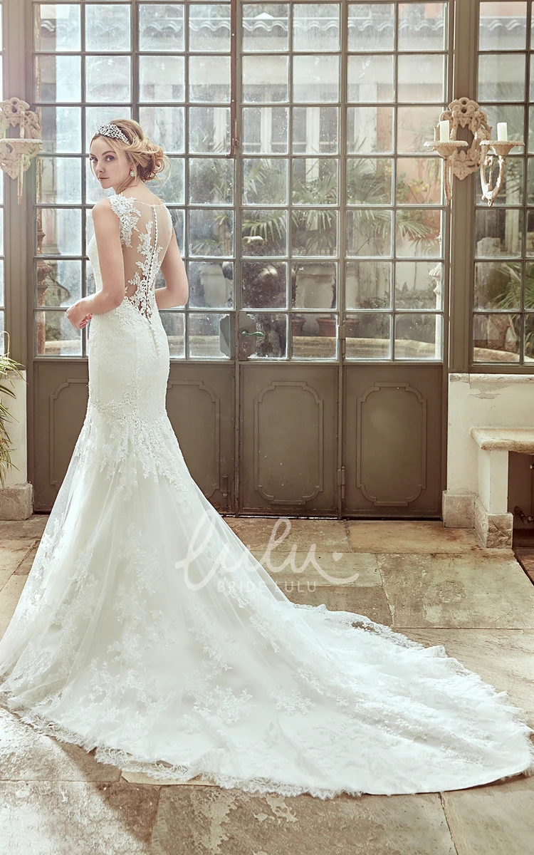 Chapel Train Lace Wedding Dress with Strap Neck Gorgeous Bridal Gown