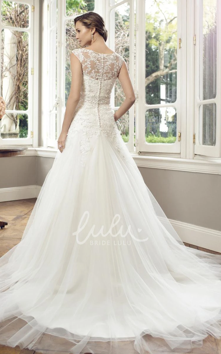 A-Line Lace and Tulle Wedding Dress with Jewellery and Pleats Modern Bridal Gown