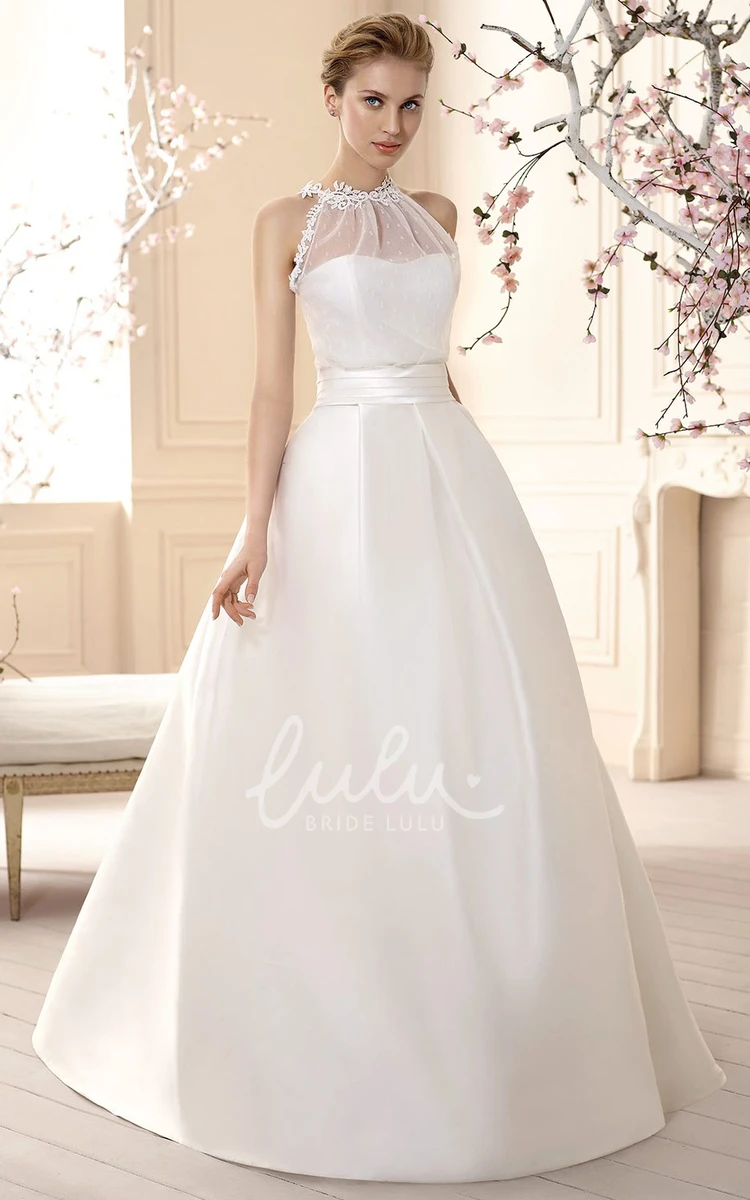 Sleeveless A-Line Satin Wedding Dress with High-Neck and Floor-Length Simple Wedding Dress