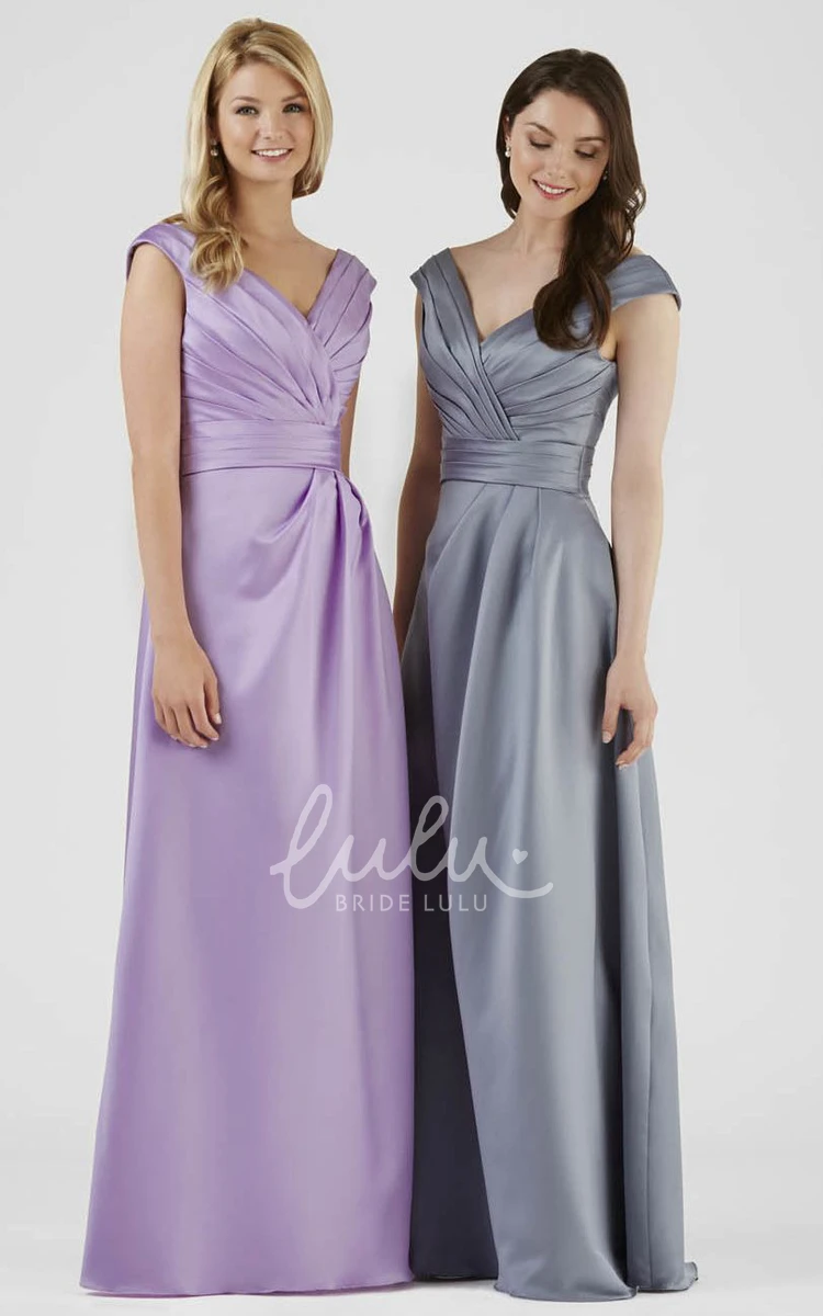 Satin V-Neck Bridesmaid Dress with Ruching and V-Back Elegant Floor-Length Dress