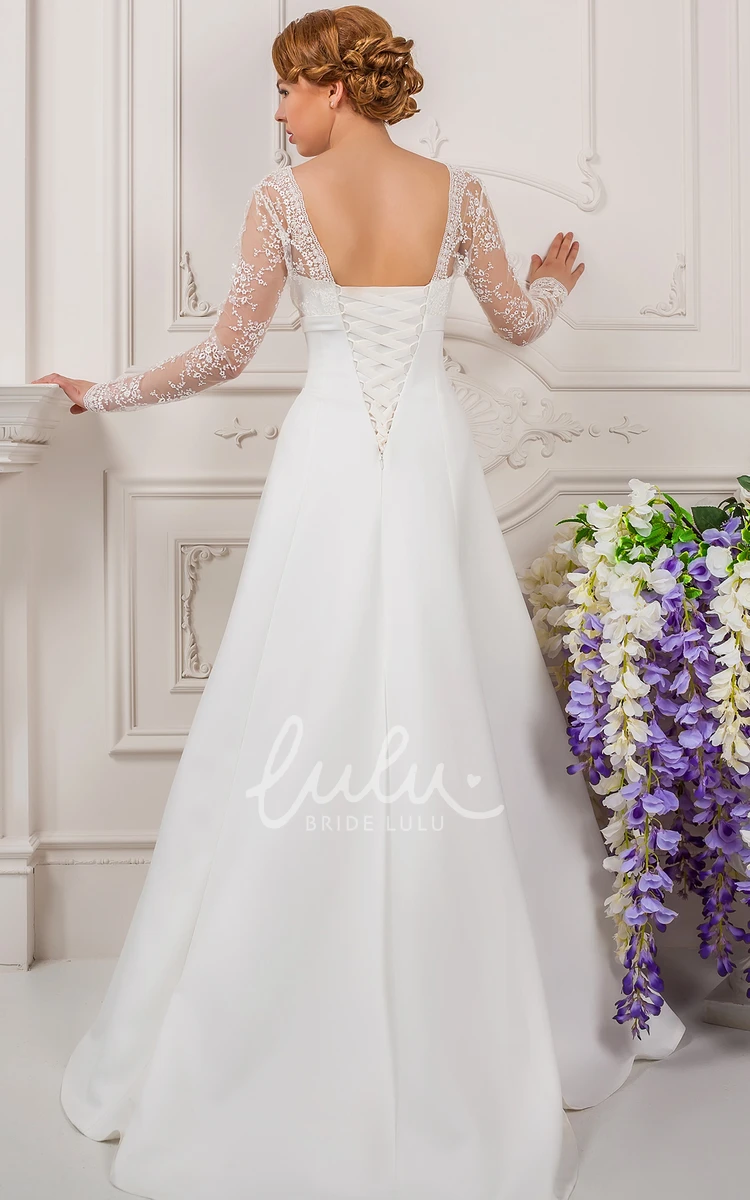 Lace Satin Long-Sleeve Wedding Dress Sheath Square-Neck with Bow