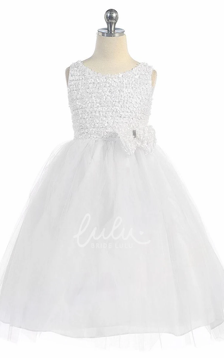 Bowed Tiered Tulle Tea-Length Flower Girl Dress Simple Dress for Girls