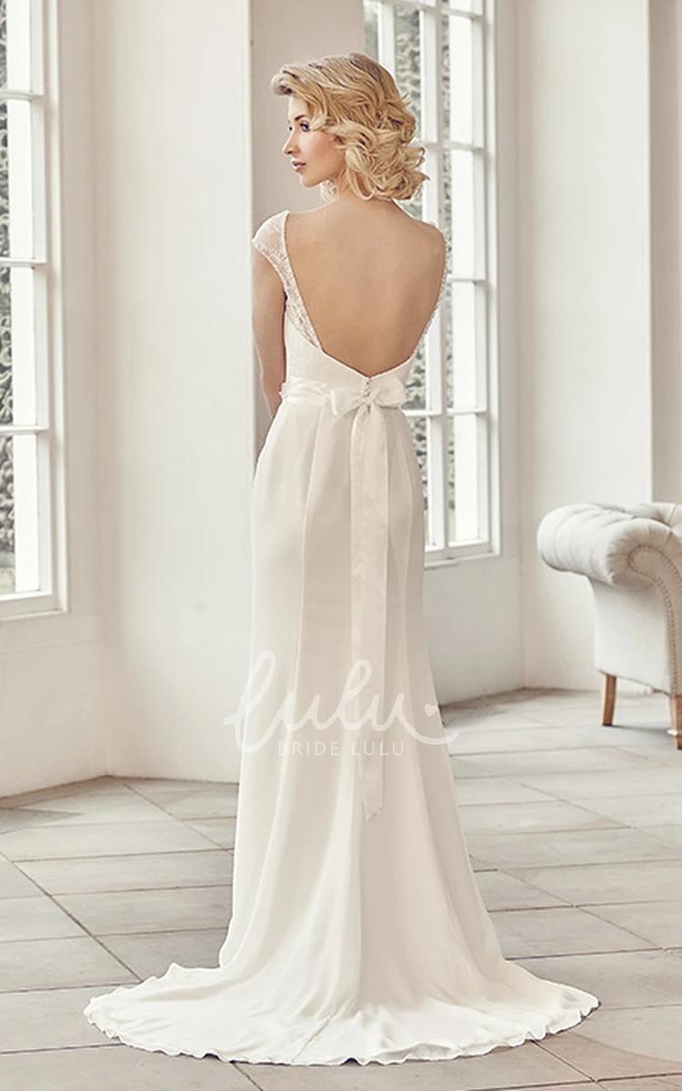 Chiffon Appliqued Bateau Wedding Dress with V Back Long Sweep Train