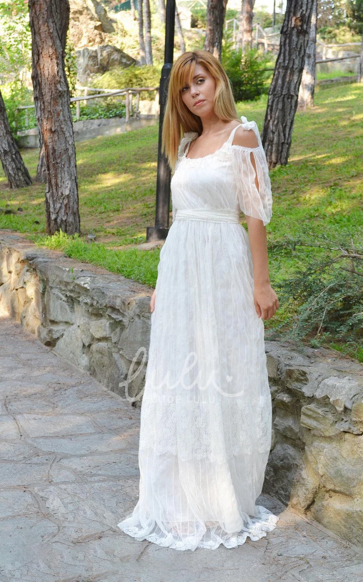 Empire Organza Wedding Dress with Sash and Scoop Neck Boho Bridal Gown