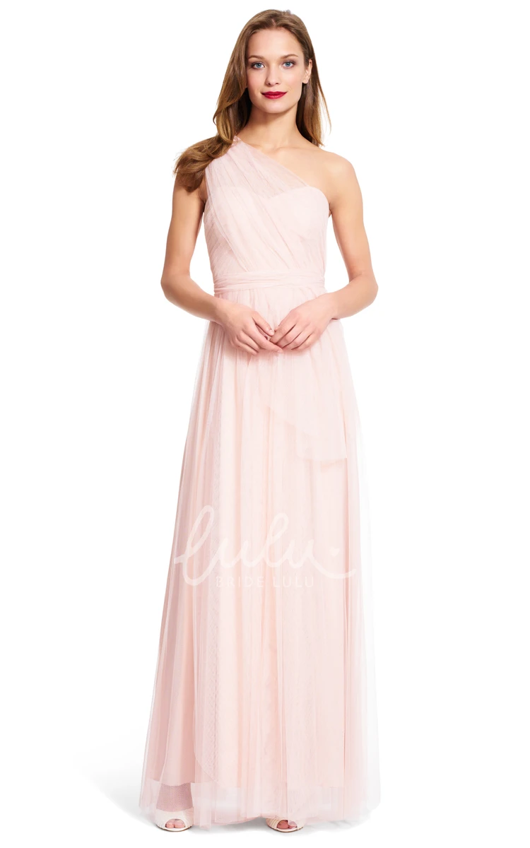 Sleeveless Tulle Sheath Bridesmaid Dress Maxi Style with Straps and Ruching