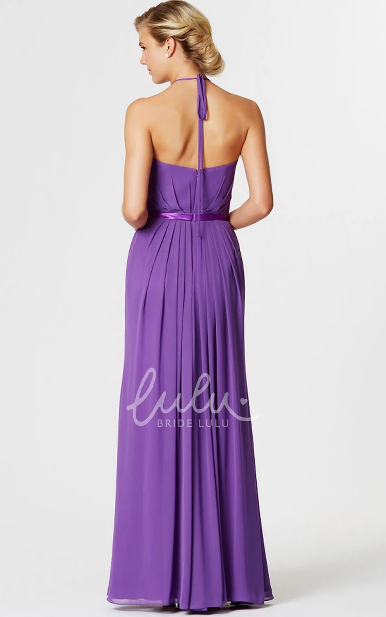 High Neck Sleeveless Chiffon Bridesmaid Dress with Ribbon and Ruching Knee-Length