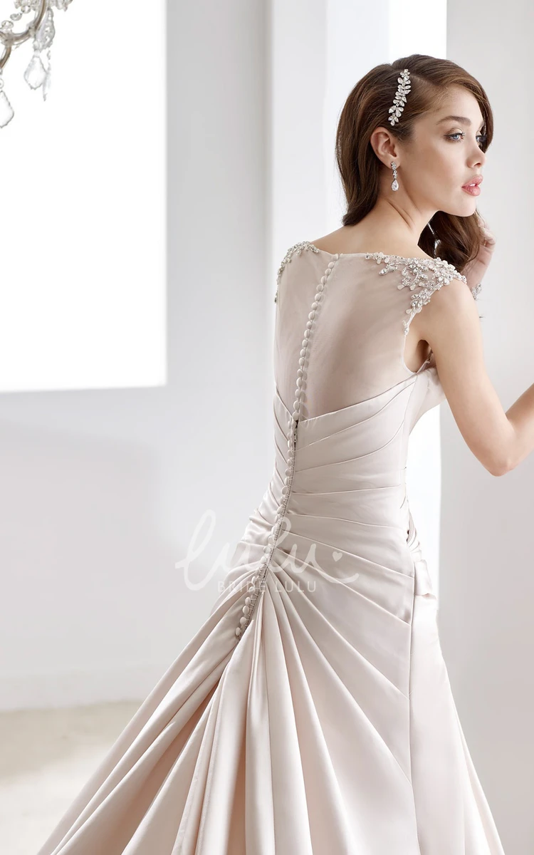 Beaded Satin Gown with Cap Sleeves Pleated Design and Illusive Neckline/Back Elegant Wedding Dress