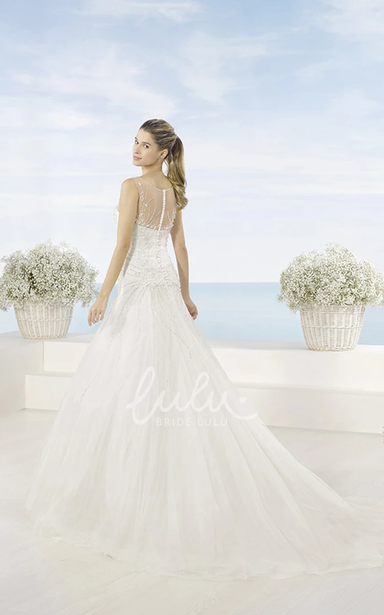 Illusion Back A-Line Tulle Wedding Dress with Beading Sleeveless & Bateau Neck