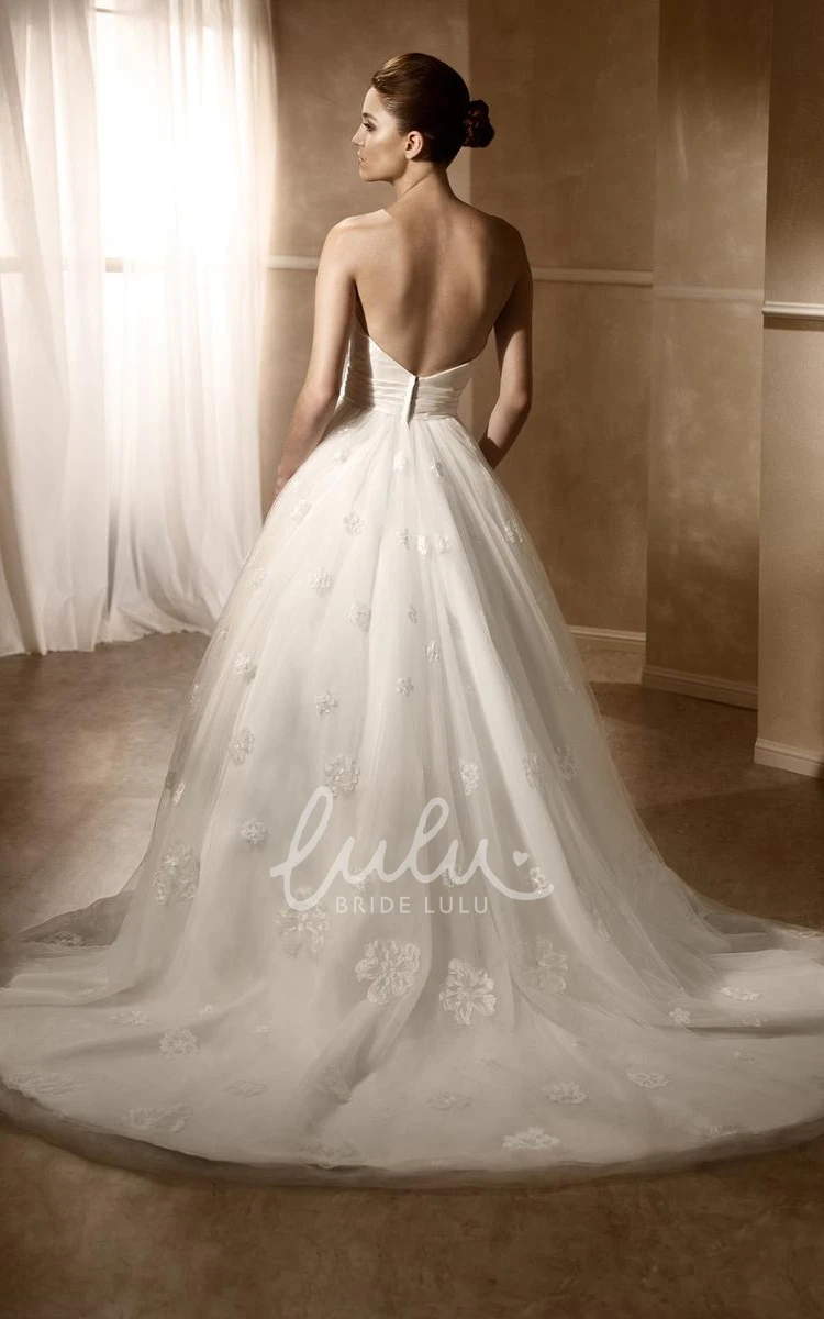 Strapless Tulle&Satin Ball Gown Wedding Dress with Appliques and Deep-V Back