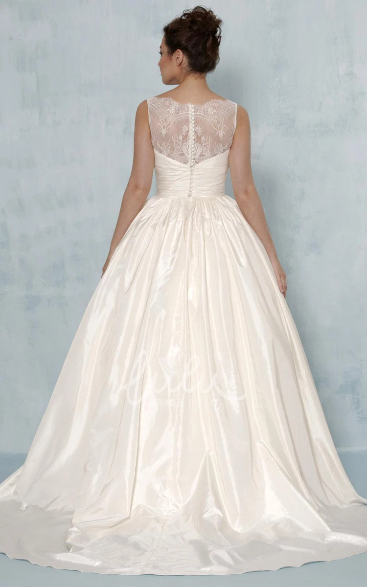 Sleeveless Satin&Lace Ball Gown Wedding Dress with Bateau-Neck