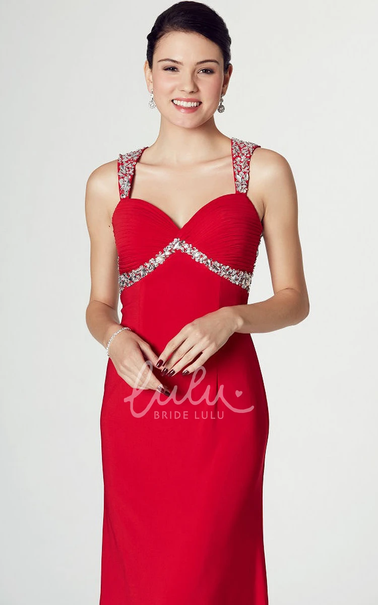 Strapped Sleeveless Floor-Length Jersey Prom Dress with Beads and Keyhole