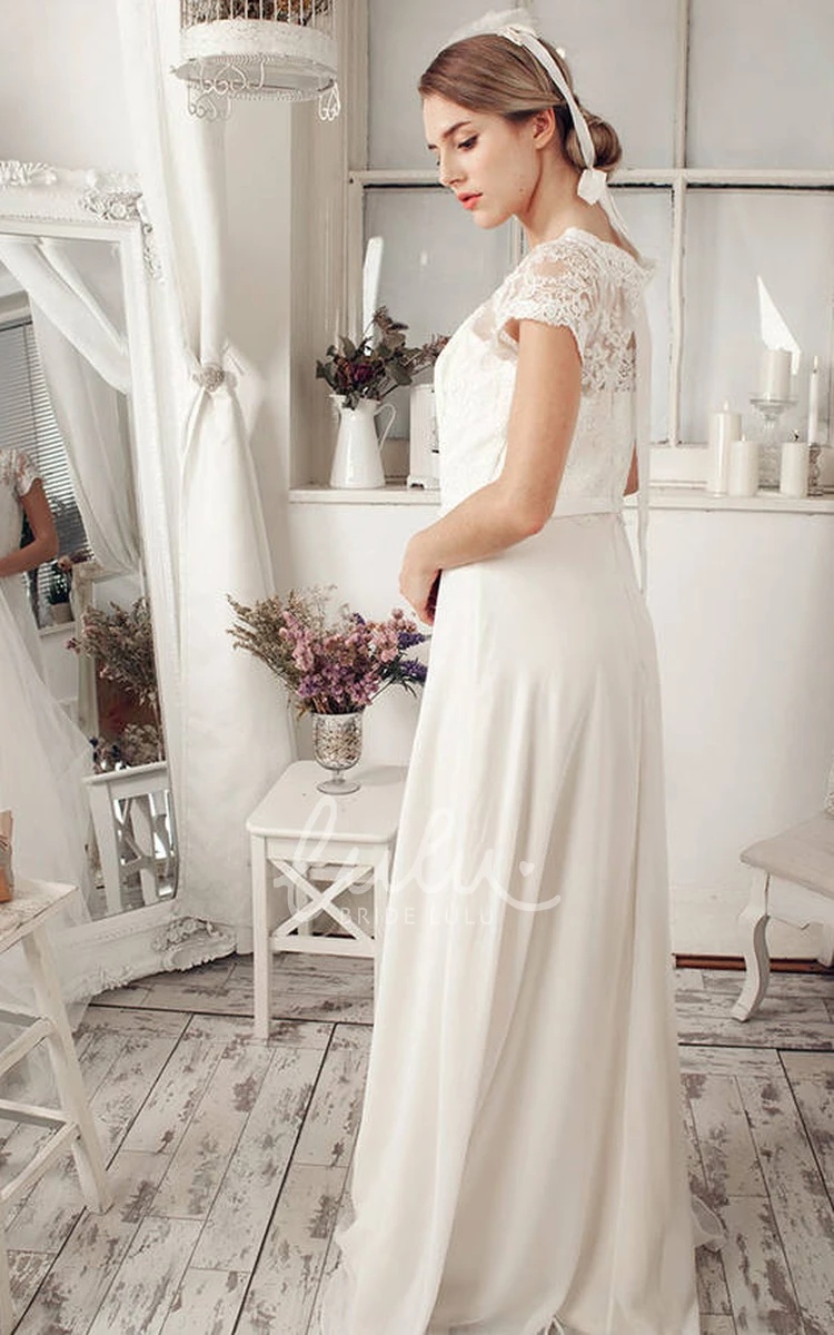 Scoop-Neck Lace and Illusion Sheath Wedding Dress with Cap-Sleeves